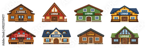 Wooden lodge buildings collection. Mountain cabin architecture in flat style. Rustic tourism accommodation icons
