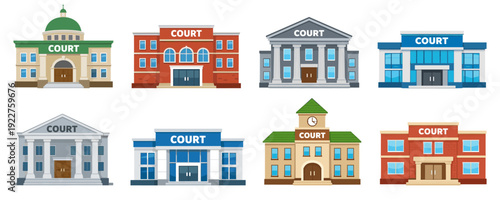 Court building collection in flat cartoon style showing different courthouse facades with classical and modern forms suitable for legal and justice themes