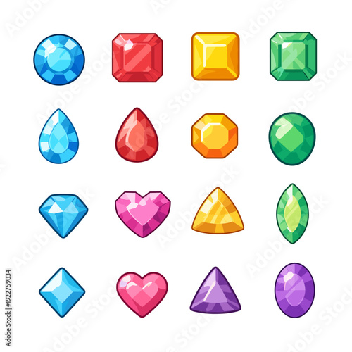 Gem collection in cartoon style. Gem set in different colors and shape for video game