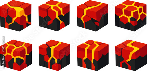 Magma block collection in cartoon style. Set of magma cube with lava in different shape