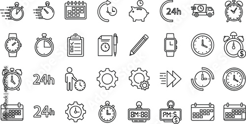 Time Management and Productivity Line Icon Set with Clocks, Calendars, Stopwatches, and Scheduling Symbols