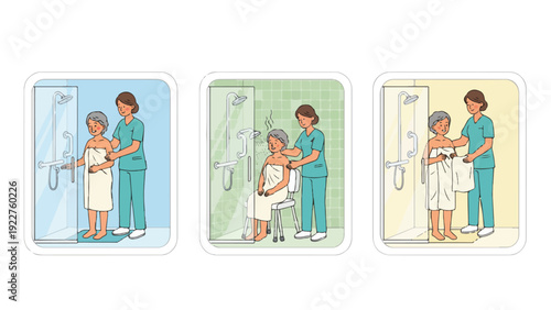 Compassionate caregiver helping elderly woman with safe shower routine in healthcare nursing facility promoting dignity, hygiene, and supportive assistance.