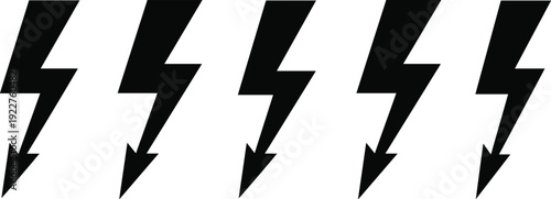 Black Lightning Bolt Silhouette Icons Representing Electrical Power Energy and High Voltage