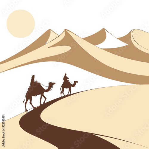 Travelers crossing the desert on camels