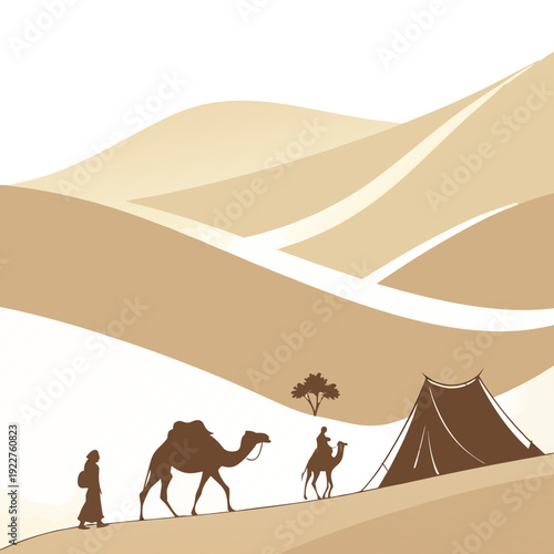 A desert scene with a tent and camels