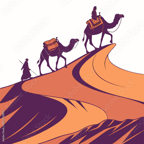 Camels walking on a desert dune with a rider