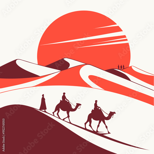 A desert scene with people riding camels