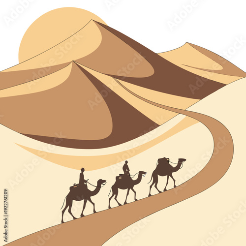 Camels walking through a desert landscape with mountains