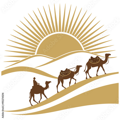 Camels walking on a desert hill at sunrise