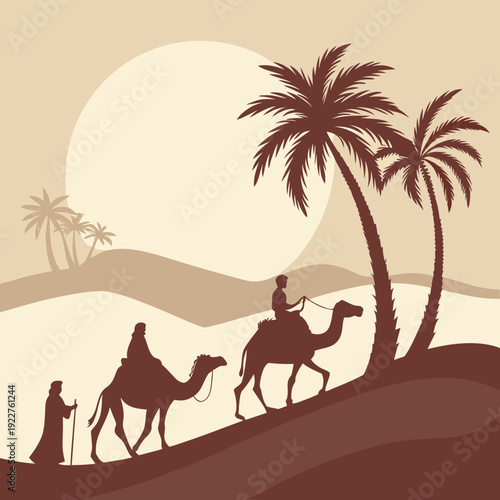 A desert scene with a man riding a camel