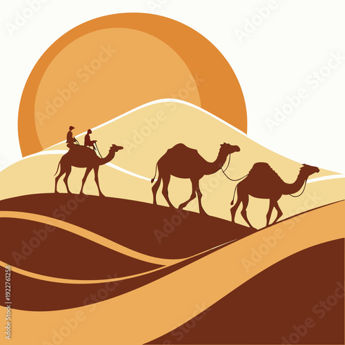 Camels walking across desert dunes at sunset