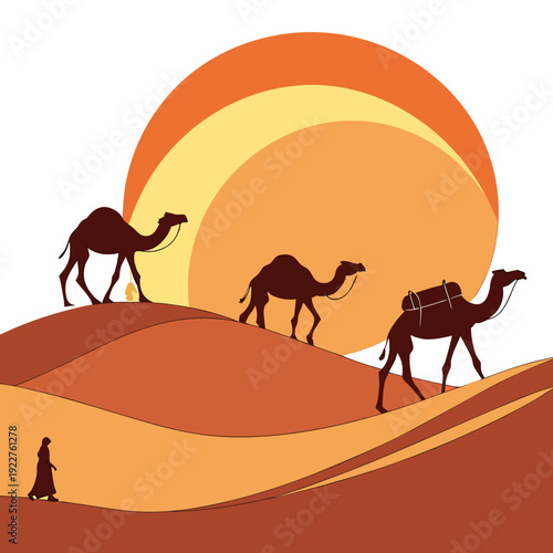 Camels walking across the desert during sunset