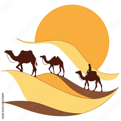 Camels walking on sand dunes at sunset