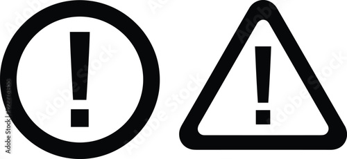 Exclamation Mark Warning and Alert Symbols in Circle and Triangle Outline Shapes for Safety Information