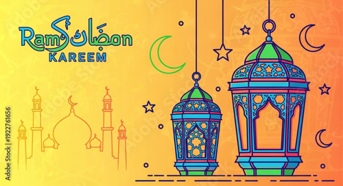 Ramadan Kareem lanterns and mosque illustration.