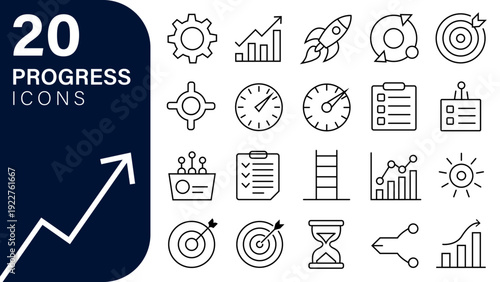 Business Progress and Growth Outline Icon Set, Minimalist Success Strategy and Performance Vector Icons, Linear Financial Data Analysis and Marketing Goal Symbols, Professional Startup Development and