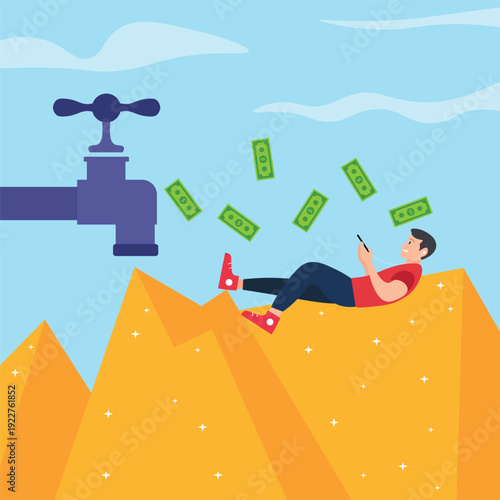 Vector illustration of a man relaxing atop golden wealth under a faucet of cash, symbolizing financial freedom, passive income, success, prosperity, luxury lifestyle, and carefree victory. tap