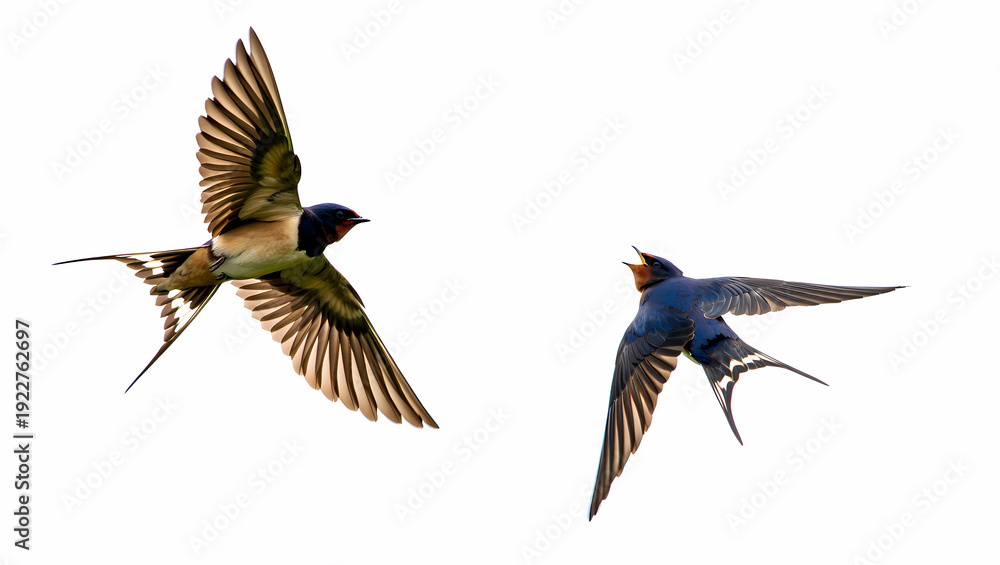 Obraz premium Two swallows flying together in the air