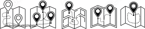 Folded Paper Map Vector Icons with Destination Pins and GPS Route Tracking Path for Travel App UI