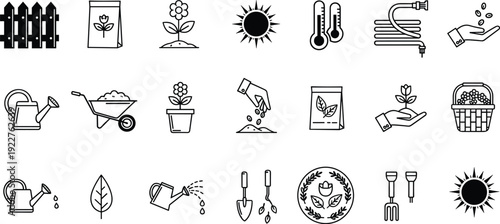 Gardening and plant care outline icons vector set for agriculture irrigation tools and home garden design