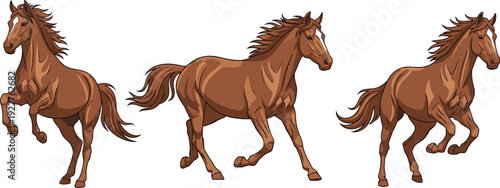 Running brown horse vector illustration set for equestrian sport farm animal and racing movement design