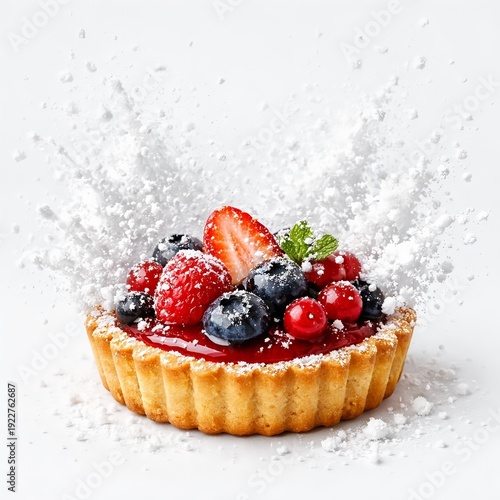Minimal berry tart dessert with powdered sugar sprinkle, pastel pink background, clean composition, commercial food illustration