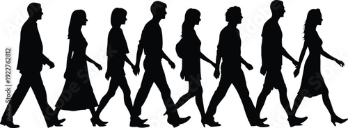 Silhouette people walking in line, diverse postures and clothing vector illustration representing unity, progress, daily life, social movement design