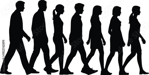 Silhouette people walking in sequence, male and female diverse postures vector illustration representing human motion, daily commute, social behavior design