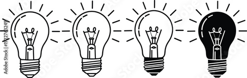 Traditional Incandescent Lightbulb Icons Representing Electric Power and Creative Brilliance