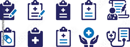 medical clipboard health report checklist bule icon set vector illustration 