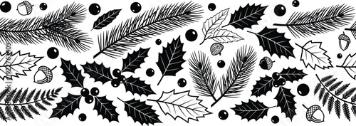 Christmas holly leaves pine branches and winter berries hand drawn vector border for festive decoration design