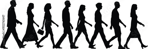 Silhouette people walking in line, diverse male and female attire vector illustration representing fashion, lifestyle, social behavior, human motion design