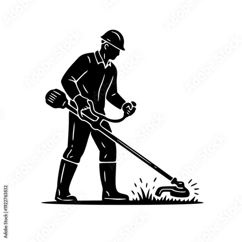 Professional Lawn Care Worker Using Grass Trimmer Silhouette Vector Illustration