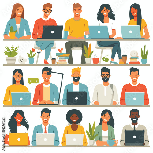 Characters working remotely with laptops