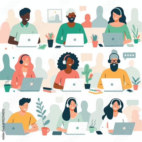 Characters working remotely with laptops