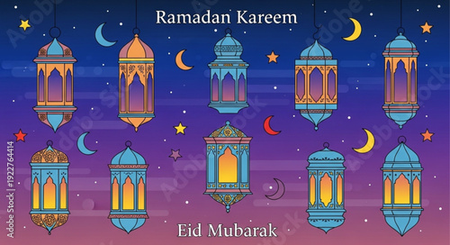 Ramadan Kareem Eid Mubarak lanterns and crescent moons.