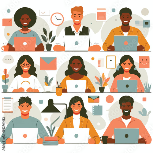 Characters working remotely with laptops