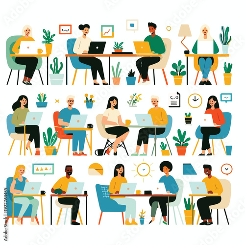 Characters working remotely with laptops