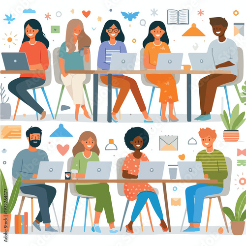 Characters working remotely with laptops