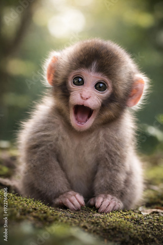 Cute Baby Japanese Macaque Monkey with Open Mouth Close Up Portrait
