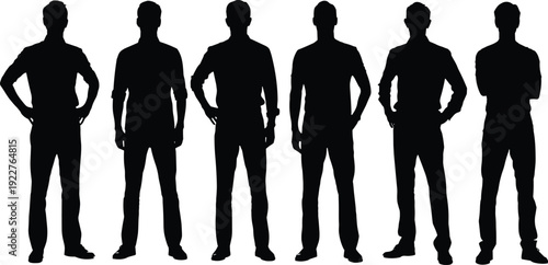 Silhouette men standing in row, diverse postures and stances vector illustration for human body language, character design, posture analysis art