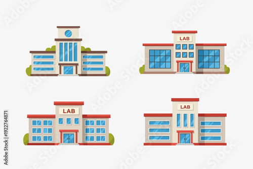 Laboratory building icons collection in cartoon style. Set of laboratory building pictures in different shape and color