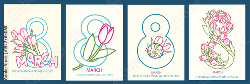 Elegant International Women’s Day poster set with 8 March typography and floral line art. Trendy minimal vector cards for social media, flyers, banners, prints and women empowerment campaigns.