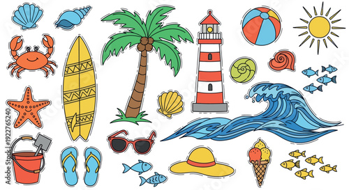 A vibrant collection of classic summer and beach vacation elements including seashells, palm tree, lighthouse, surfboard, and sun, perfect for travel promotions and holiday graphic