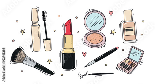A vibrant collection of essential makeup products and beauty tools including mascara lipstick powder foundation brush and eyeshadow palette perfect for cosmetic brand marketing and feminine