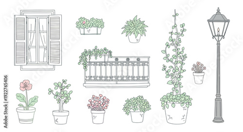 Illustrative collection of outdoor and gardening elements including a classic window with shutters, an elegant balcony, diverse potted plants, and a charming street lamp, perfect for