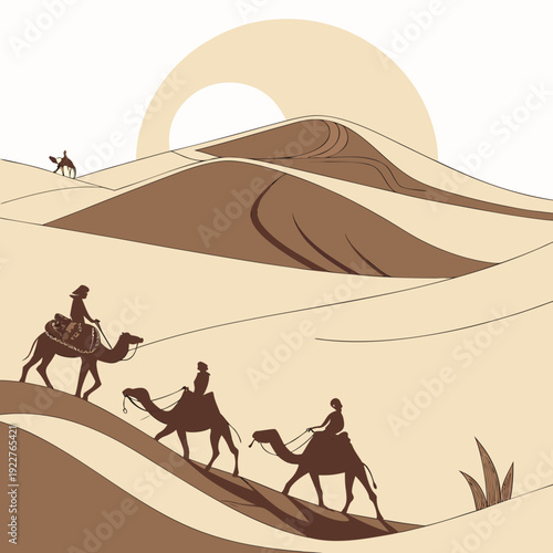 Travelers crossing the desert on camels