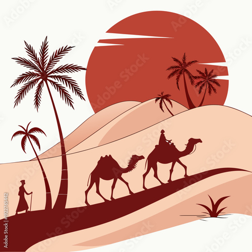 A desert scene with camels and palm trees at sunset