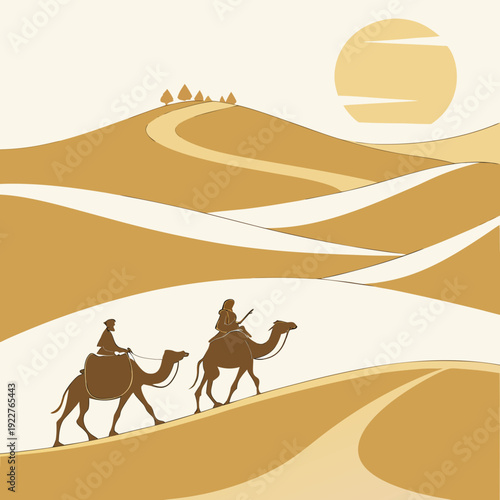 Travelers crossing the desert on camels