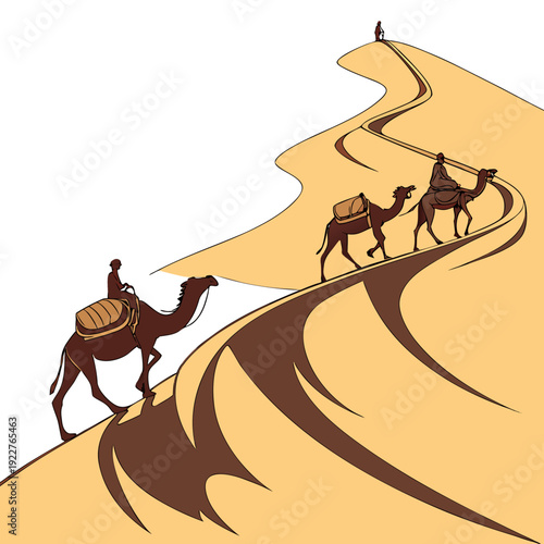 Camels trekking through the desert sand dunes